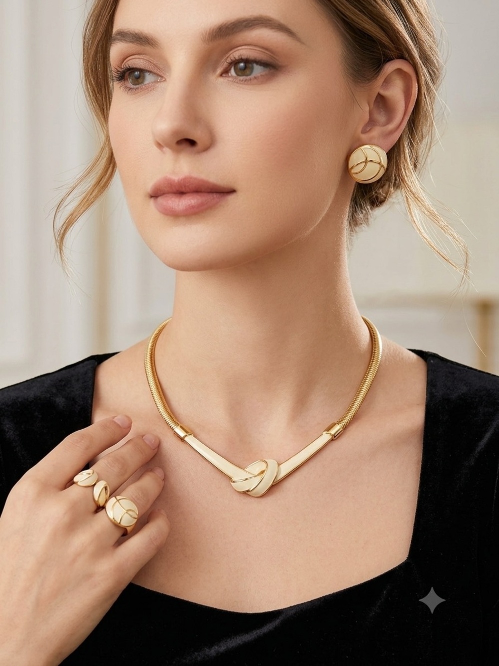 Gold-Tone White Enamel Knot Necklace and Earring Set
